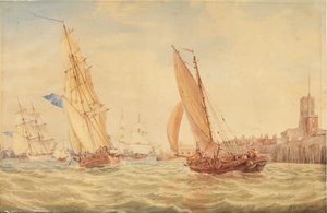 Tři válečné šalupy a rybářský člun vyjíždějící do přístavu, Portsmouth, asi 1800-30